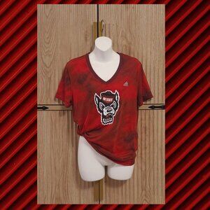 NC State Adidas Climalite V-Neck Tee – Size L | Red Tie-Dye Wolfpack Shirt